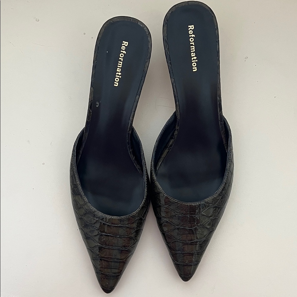 Reformation Dark Croc-Patterned Mules - image 2